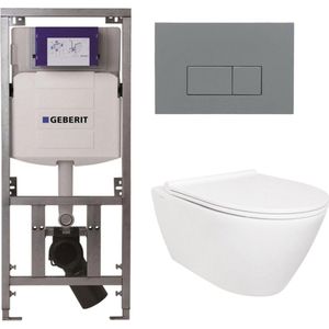 QeramiQ Salina Toiletset - rimless - Geberit inbouwreservoir - diepspoel wandcloset - softclose - quickrelease - bedieningspaneel met bedieningsplaat licht grijs - rechthoekige knoppen - glans wit
