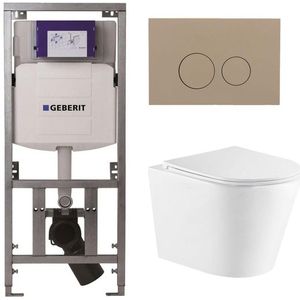 QeramiQ Dely Toiletset - 36.3x51.7cm - diepspoel - rimless - Geberit UP320 Burda inbouwreservoir - softclose toiletzitting - bedieningsplaat taupe - ronde knoppen - wit mat