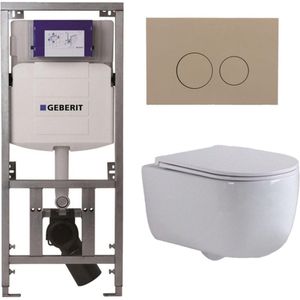 QeramiQ Dely Swirl Toiletset - 36.3x51.7cm - Geberit UP320 Burda inbouwreservoir - slim zitting - bedieningsplaat taupe - ronde knoppen - wit mat