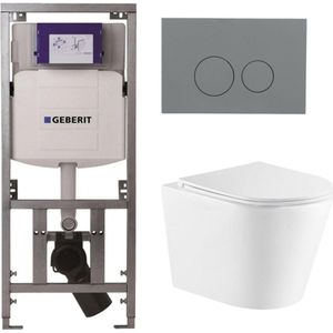 QeramiQ Dely Toiletset - 36.3x51.7cm - diepspoel - rimless - Geberit UP320 Burda inbouwreservoir - softclose toiletzitting - bedieningsplaat licht grijs - ronde knoppen - wit glans SW543431/0701131/SW1102374