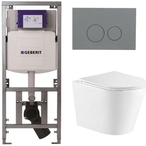 QeramiQ Dely Toiletset - 36.3x51.7cm - diepspoel - rimless - Geberit UP320 Burda inbouwreservoir - softclose toiletzitting - bedieningsplaat licht grijs - ronde knoppen - wit mat SW543432/0701131/SW1102374