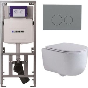 QeramiQ Dely Swirl Toiletset - 36.3x51.7cm - Geberit UP320 Burda inbouwreservoir - slim zitting - bedieningsplaat licht grijs - ronde knoppen - wit mat