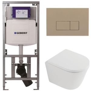 QeramiQ Dely Toiletset - 36.3x51.7cm - diepspoel - rimless - Geberit UP320 inbouwreservoir - softclose toilet zitting 35 mm - bedieningsplaat taupe - rechthoekige knoppen - mat wit