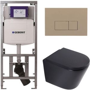 QeramiQ Dely Toiletset - 36.3x51.7cm - diepspoel - rimless - Geberit UP320 inbouwreservoir - softclose toilet zitting 35 mm - bedieningsplaat taupe - rechthoekige knoppen - mat zwart