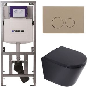 QeramiQ Dely Toiletset - 36.3x51.7cm - diepspoel - rimless - Geberit UP320 inbouwreservoir - softclose toilet zitting 35 mm - bedieningsplaat taupe - ronde knoppen - mat zwart