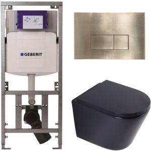 QeramiQ Dely Toiletset - 36.3x51.7cm - diepspoel - rimless - Geberit UP320 inbouwreservoir - softclose toilet zitting 35 mm - geborsteld messing bedieningsplaat - rechthoekige knoppen - mat zwart