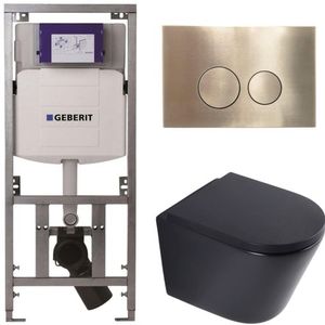 QeramiQ Dely Toiletset - 36.3x51.7cm - diepspoel - rimless - Geberit UP320 inbouwreservoir - softclose toilet zitting 35 mm - geborsteld messing bedieningsplaat - ronde knoppen - mat zwart SW1026253/SW1000769/0701131/SW706200