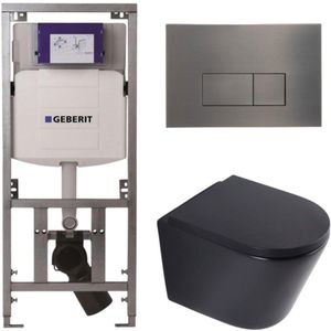QeramiQ Dely Toiletset - 36.3x51.7cm - diepspoel - rimless - Geberit UP320 inbouwreservoir - softclose toilet zitting 35 mm - gunmetal bedieningsplaat - rechthoekige knoppen - mat zwart