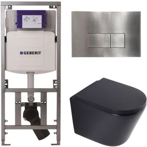 QeramiQ Dely Toiletset - 36.3x51.7cm - diepspoel - rimless - Geberit UP320 inbouwreservoir - softclose toilet zitting 35 mm - steel bedieningsplaat - rechthoekige knoppen - mat zwart
