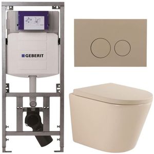 QeramiQ Dely Toiletset - 36.3x51.7cm - diepspoel - rimless - Geberit UP320 inbouwreservoir - softclose toilet zitting 35 mm - bedieningsplaat taupe - ronde knoppen - mat beige SW1000764/SW1000771/0701131/SW1102378