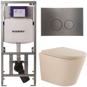 QeramiQ Dely Toiletset - 36.3x51.7cm - diepspoel - rimless - Geberit UP320 inbouwreservoir - softclose toilet zitting 35 mm - gunmetal bedieningsplaat - ronde knoppen - mat beige SW1000764/SW1000771/0701131/SW706198