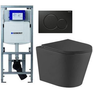 QeramiQ Dely Toiletset - Geberit UP320 Burda inbouwreservoir - zwart glanzende bedieningsplaat - toilet - zitting - mat zwart