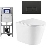 QeramiQ Dely Toiletset - 36.3x51.7cm - diepspoel - rimless - Geberit UP320 Burda inbouwreservoir - softclose toiletzitting - mat zwarte bedieningsplaat - rechtehoekige knoppen - wit mat SW543432/0701131/SW706189