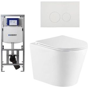 QeramiQ Dely Toiletset - 36.3x51.7cm - diepspoel - rimless - Geberit UP320 Burda inbouwreservoir - softclose toiletzitting - mat witte bedieningsplaat - ronde knoppen - mat wit SW543432/0701131/SW706190