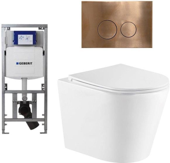 QeramiQ Dely Toiletset - 36.3x51.7cm - diepspoel - rimless - Geberit UP320 Burda inbouwreservoir - softclose toiletzitting - koperen bedieningsplaat - ronde knoppen - mat wit