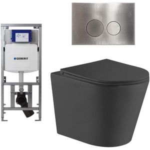 QeramiQ Dely Toiletset - 36.3x51.7cm - diepspoel - rimless - Geberit UP320 Burda inbouwreservoir - softclose toiletzitting - steel bedieningsplaat - ronde knoppen - zwart mat SW1026253/0701131/SW706194/SW1000769