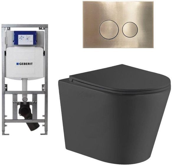 QeramiQ Dely Toiletset - 36.3x51.7cm - diepspoel - rimless - Geberit UP320 Burda inbouwreservoir - softclose toiletzitting - geborsteld messing bedieningsplaat - ronde knoppen - zwart mat
