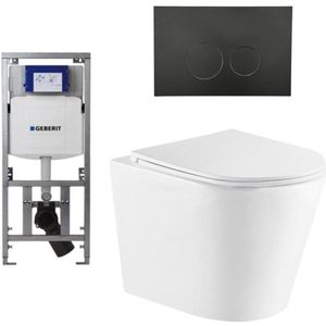 QeramiQ Dely Toiletset - 36.3x51.7cm - diepspoel - rimless - Geberit UP320 Burda inbouwreservoir - softclose toiletzitting - mat zwarte bedieningsplaat - ronde knoppen - wit glans