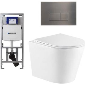 QeramiQ Dely Toiletset - 36.3x51.7cm - diepspoel - rimless - Geberit UP320 Burda inbouwreservoir - softclose toiletzitting - gunmetal bedieningsplaat - rechtehoekige knoppen - wit glans SW543431/0701131/SW706199
