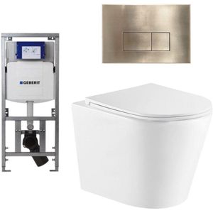 QeramiQ Dely Toiletset - 36.3x51.7cm - diepspoel - rimless - Geberit UP320 Burda inbouwreservoir - softclose toiletzitting - geborsteld messing bedieningsplaat - rechtehoekige knoppen - wit glans