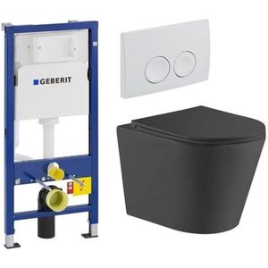 QeramiQ Dely Toiletset - Geberit UP100 inbouwreservoir - witte bedieningsplaat - toilet - zitting - mat zwart SW730486/0701174/SW1026253/SW1000769
