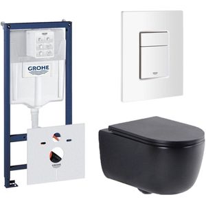 QeramiQ Dely Swirl Toiletset - Mat Zwart - Grohe Rapid Inbouwreservoir
