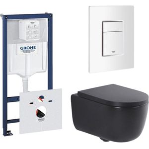 QeramiQ Dely Swirl Toiletset - Mat Zwart - Grohe Rapid Inbouwreservoir - Rechthoekige Knoppen