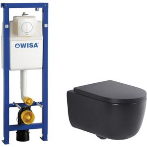 QeramiQ Dely Swirl Toiletset - Zwart Mat - Witte Bedieningsplaat - Ronde Knoppen