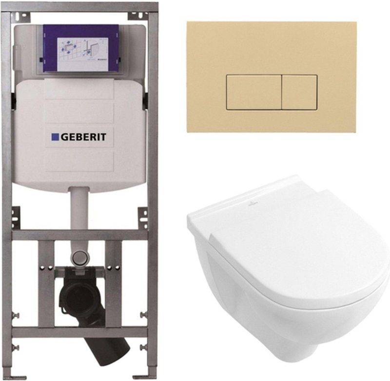 Villeroy & Boch O.novo Toiletset - Geberit inbouwreservoir - diepspoel wandcloset - softclose - bedieningsplaat beige - rechthoekige knoppen - wit
