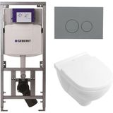 Villeroy & Boch O.novo toiletset met Geberit inbouwreservoir met diepspoel wandcloset wit soft close zitting en bedieningsplaat licht grijs met ronde knoppen wit 0701131/0124124/0124182/SW1102374/