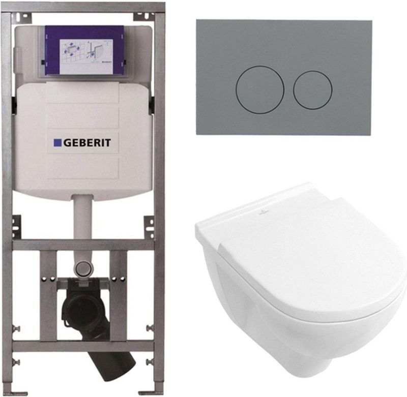Villeroy & Boch O.novo toiletset met Geberit inbouwreservoir met diepspoel wandcloset wit soft close zitting en bedieningsplaat licht grijs met ronde knoppen wit 0701131/0124124/0124182/SW1102374/