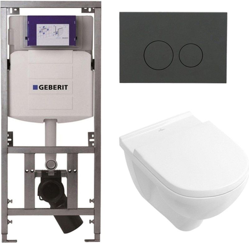 Villeroy & Boch O.novo toiletset met Geberit inbouwreservoir met diepspoel wandcloset wit soft close zitting en bedieningsplaat mat antraciet met ronde knoppen wit 0701131/0124124/0124182/SW1102376/