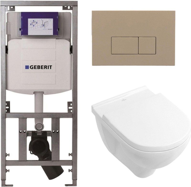 Villeroy & Boch - O.novo Toiletset - Geberit Inbouwreservoir - Diepspoel Wandcloset - Softclose - Wit - Bedieningsplaat Taupe