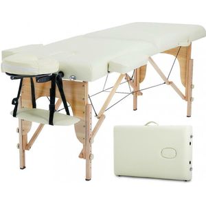 BestMassage MT-296-CREAM, Massagetafel, draagbaar massagebed, 210 cm, hoogte verstelbaar, tweevoudig inklapbaar, gezichtskussen, draagtas en draagbaar, Crème