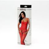 Rood kanten corset met string en bijpassende kousen - maat L