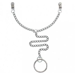 Rimba Bondage Play Metalen tepelklemmen met ketting en scrotum ring Ø 50 mm.