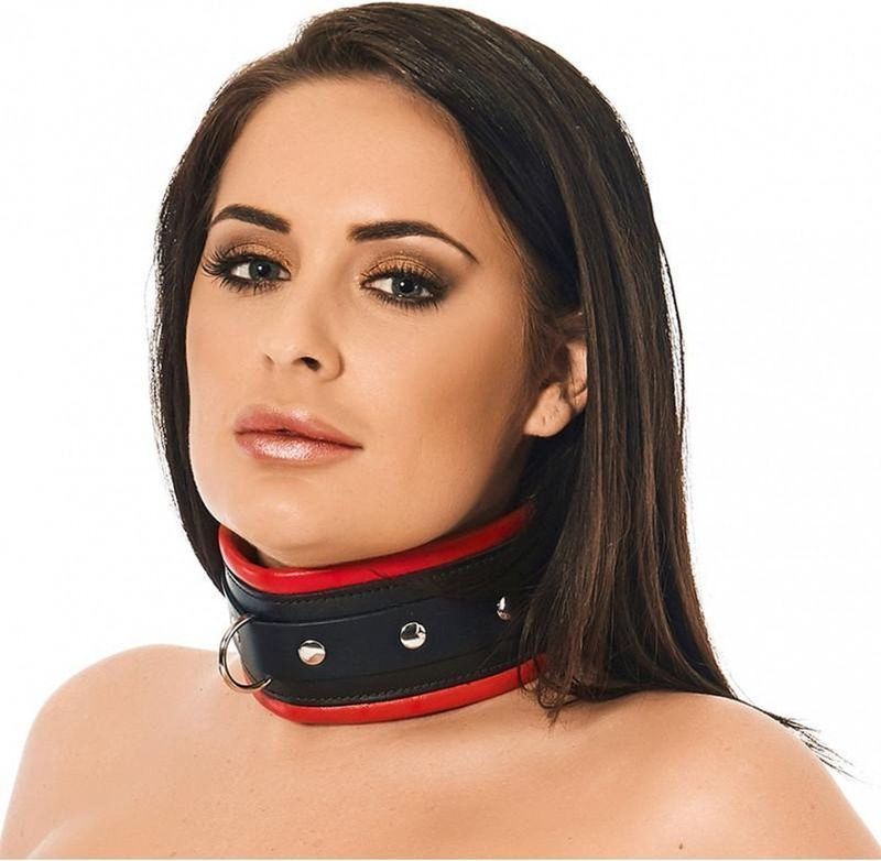 Rimba Bondage Play Brede en gevoerde leren collar met D-ring zwart/rood S/M