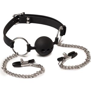 Rimba Latex Play - Ball Gag - Mondknevel met tepelklemmen