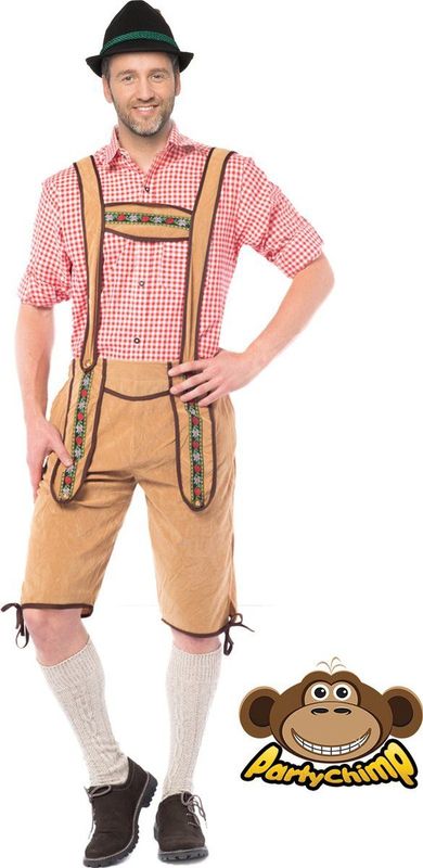 Voordelige lange Oktoberfest lederhose lichtbruin voor heren - bierfeest kleding