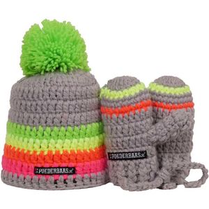 Kleurrijke babymuts met handschoentjes - grijs/groen/geel/roze