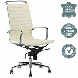 Feel Furniture - Luxe design bureaustoel van 100% rundleer - Hoge rugleuning - Crème