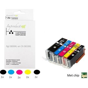 Improducts® Inkt cartridge voor Canon PGI-580 XXL / CLI-581 XXL, Canon 580xl/581xl, multipack van 5 kleuren alleen geschikt voor Printers: TS705 TR7550 TR8550 TS6150 TS6151 TS6250 TS6251 TS6350 TS8150 TS8151 TS8152 TS8250 TS8251 TS8252  TS8350