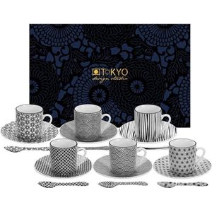 Tokyo Design Studio Nippon Black Espresso Serviesset- 6 personen - 18 stuks - Porselein - Zwart/Wit