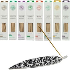Assortiment 200 stuks etherische incense wierookstokjes 8 heerlijke geuren - 8 x 25 stuks - incl. premium aluminium wierookhouder