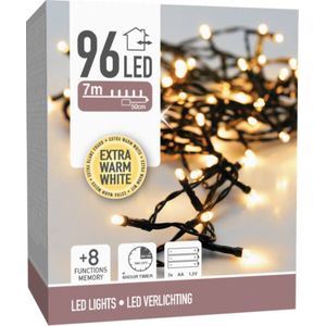 Kerstverlichting 96 led - 7m - extra warm wit - Batterij - Lichtfuncties - Geheugen - Timer