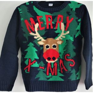 Merry X-Mas Kersttrui Rendier - Groen/ Blauw - Maat 110-116