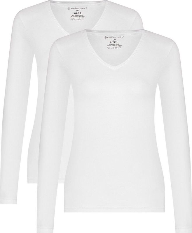 Bamboo Basics - Liv - Dames Shirt - Wit - 2-pak - Lange Mouw - V-hals