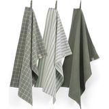 Walra - Dry Cubes Uni, Stripes & Blocks - Theedoeken - Legergroen - 100% Katoen - Set van 3