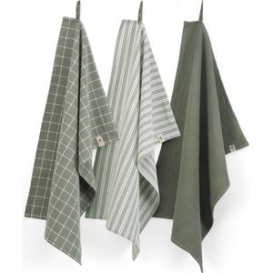 Walra - Dry Cubes Uni, Stripes & Blocks - Theedoeken - Legergroen - 100% Katoen - Set van 3
