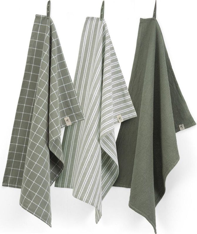 Walra - Dry Cubes Uni, Stripes & Blocks - Theedoeken - Legergroen - 100% Katoen - Set van 3